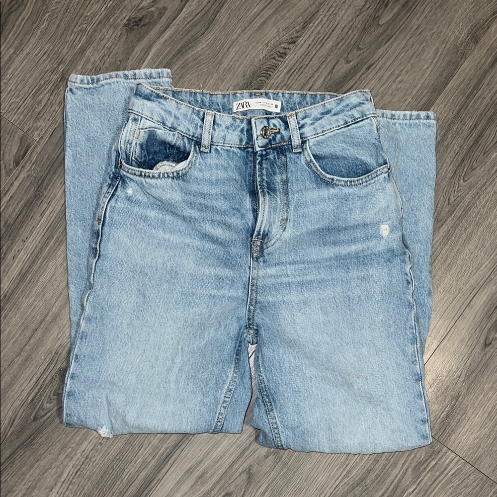 Zara Distressed High Waisted Blue Denim Skinny Jeans